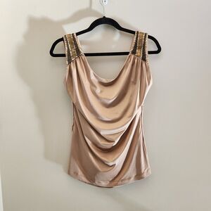 Vtg Early 2000s/y2k Cache Womens Tan Gold Satin Beaded Tank Top Blouse Boho Lux